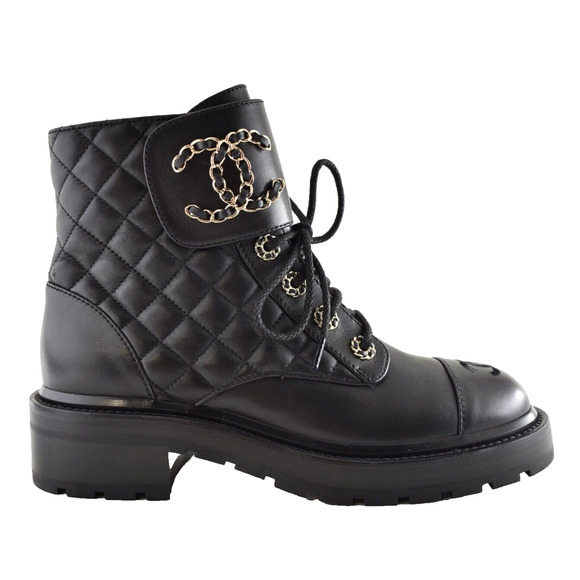 Chanel 21A Black Quilted Gold CC Chain Combat Lace Up Tie Ankle Short Boots 36 - Picture 1 of 15